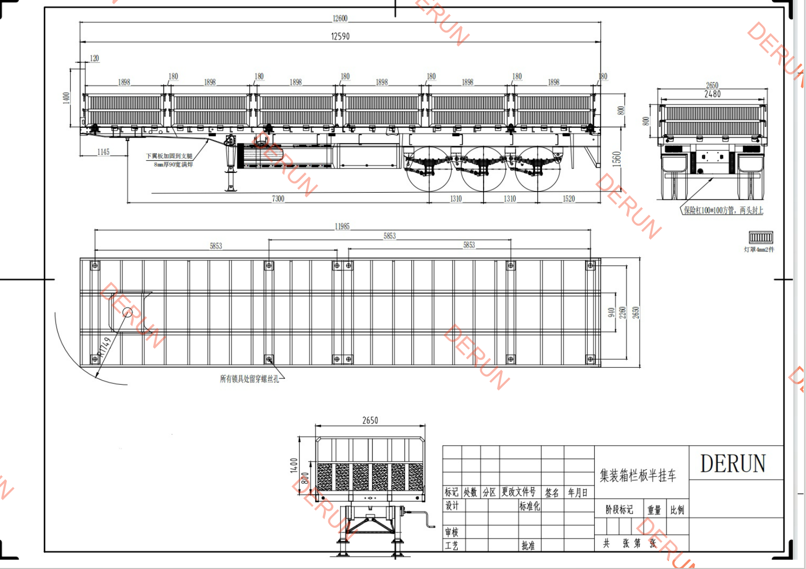 Disegno di semifuller a dropside a 3 assi